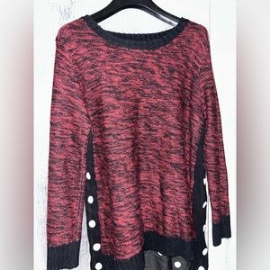 Red and black Sweater long sleeve shirt with a chiffon black&white polkadot back